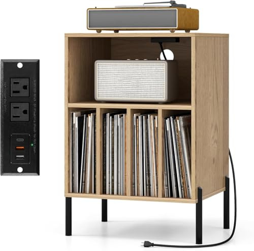 GOPLUS Soporte para Tocadiscos con Estación de Carga, Mueble para Tocadiscos con 5 Compartimentos de Almacenamiento, Kits Antivuelco y Patas Metálicas, para Sala de Estar, Dormitorio (Natural)