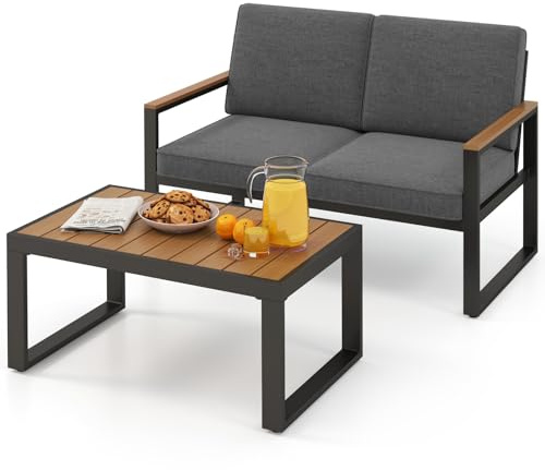 COSTWAY Balkonmöbel, wetterfestes Gartenmöbel Set mit Aluminiumrahmen & weichen Kissen, Balkonset mit Bank und Tisch, Terrassenmöbel, Gartengarnitur, Sitzgruppe für Balkon, Garten, Terrasse