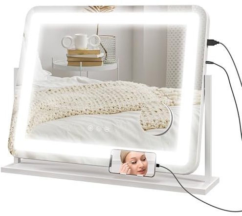 HOMCOM Espejo Maquillaje con Luz Espejo Tocador Giratorio 58x46 cm con 3 Modos de Iluminación Ajustables Interruptor Táctil Espejo de Aumento y Puerto USB Blanco