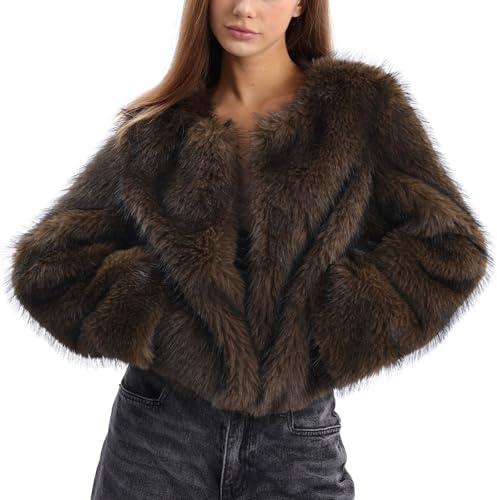 Amazhiyu Manteau court en fourrure synthétique pour femme, marron, L