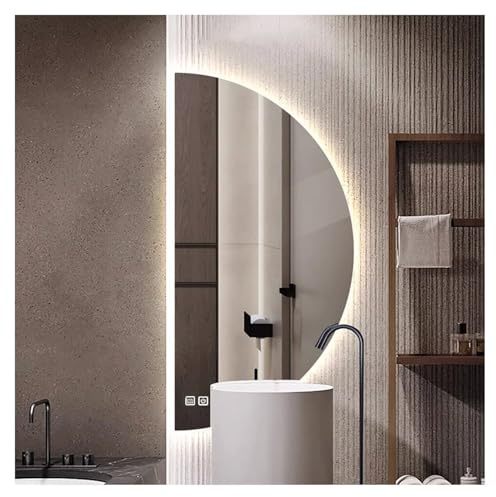 Gdmokle Specchio da parete a LED semicircolare, semicircolare senza cornice con funzione anti-appannamento, specchio da parete loft con luminosità regolabile e indicazione dell'ora per camera da letto