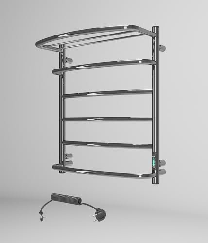 Elna Handtuchheizkörper Chrom – 105W – 605 x 530 mm – Mit Ablage – Elektrisch – Für Alle Badgrößen – Kompakt & Günstig – Edelstahl – Mit Thermostat, Timer & Eco – IP44 – Wandmontage