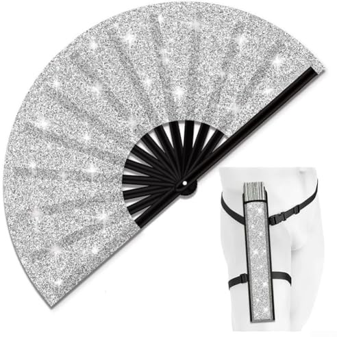 Glitzer-Handfächer mit Holster, groß, zusammenklappbar, Kung-Fu-Fan, für Festival, Club, Party, Tanz, Silber (silberfarbener Glitzer-Fan)
