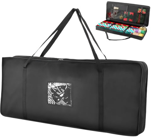 GOEDCH Geschenkpapier Aufbewahrung: Schwarz Wasserdichtes Geschenkpapier Organizer mit Sichtfenster, Kartenfach, Geschenkpapierrollen Aufbewahrungstasche mit Fächern und Handhabung, für Weihnachten