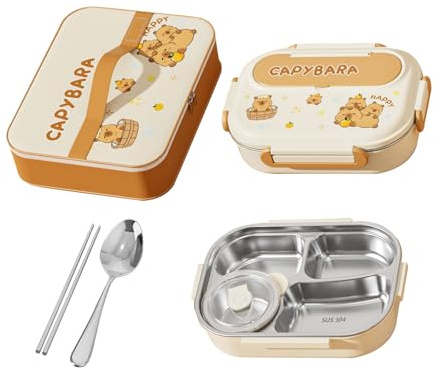 Moxeupon Juego de Infantil - Con Compartimentos De Panda Y Capibara | Acero Inoxidable Con Cubiertos Para Escuela Oficina Viaje Picnic Camping Senderismo