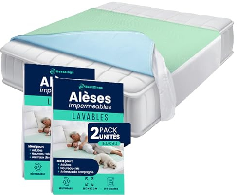 BESTZINGS Alèse Lit Adulte Bébé Protection Matelas Imperméable Lavable Pipi Stop Tapis à Langer Jetable Alèse avec ailettes Protection Lit Absorbante 180x90 Pack 2