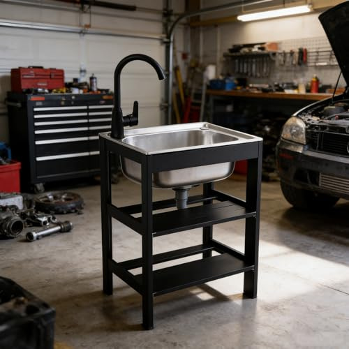 Lavandino Indipendente for Lavanderia -Lavelli Compatti in Acciaio Inossidabile 304, con Ripiano in Alluminio Nero, Rubinetto for Acqua Calda e Fredda(38 * 32 * 18cm)