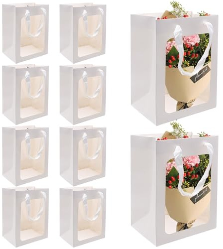 Fahibin 10 Stück Papiertüten Klein mit Henkel, Papier-Geschenktüten Mit Griffen, Kraftpapier-Geschenk-Taschen mit Fenster für Geburtstag Hochzeit Party Verpacken