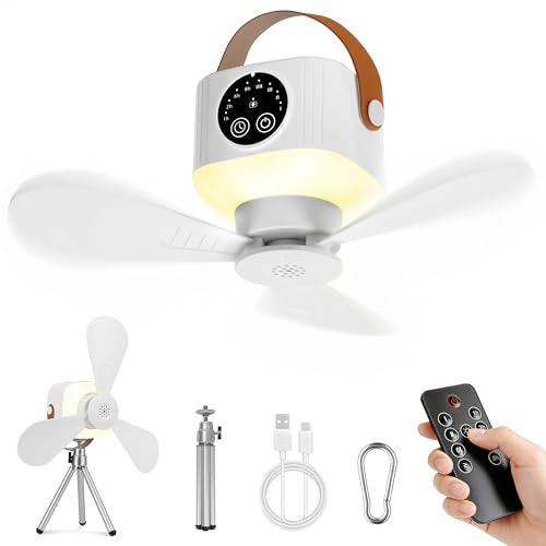 IEEILULU 8000mAh Ventilatore Da Soffitto con Luce LED, Interni ed Esterni 35dB Ventilatore Portatile USB Ricaricabile, Campeggio Accessori Utili 3 In 1 Ventilatori Da Tavolo, Portatile e Soffitto