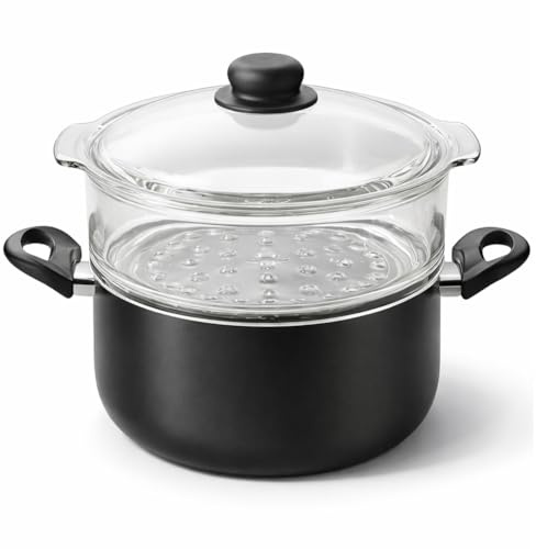 BAKAJI Casseruola con Vaporiera in Vetro da 20 cm con Pentola in Alluminio Resistente e Antiaderente, Inserto Forato in Vetro Sovrapponibile, Pentola Corpo Anti Graffio e Maniglie Ergonomiche (20 cm)