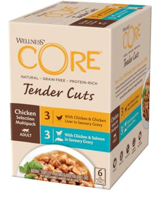 Wellness CORE Tender Cuts, Hühnchen Selection Mix, 6 x 85 g, Premium Nassfutter für ausgewachsene Katzen in Sauce, ohne Zuckerzusatz, getreidefrei, mit hohem Fleischanteil