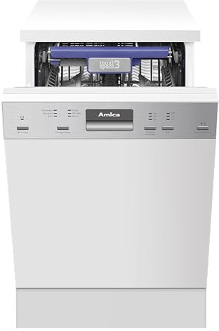 Amica EGSP 14895-1 E Einbau-Geschirrspüler / teilintegrierte Spülmaschine mit Edelstahlblende (ohne Möbelfront) / 45cm Breite / 10 Maßgedecke / 6 Programme / Aquastopp / Besteckschublade