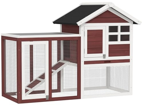 PawHut Clapier Cage à Lapins Multi-équipé : Niche supérieure avec Rampe, Plateau excrément, fenêtre + enclos extérieur sécurisé 2 Portes 123,5L x 62,6l x 92,5H cm Rouge Brique