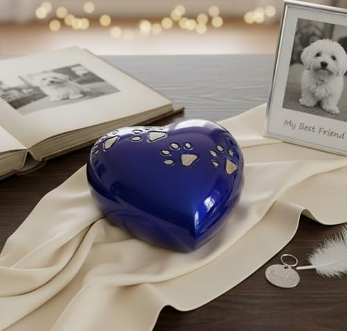Esplanade | Mini urne funéraire en Forme de cœur | Petite urne pour Cendres | Pot funéraire | Couleur : Bleu Royal avec Empreinte de Patte argentée | Taille : Environ 3 Pouces.