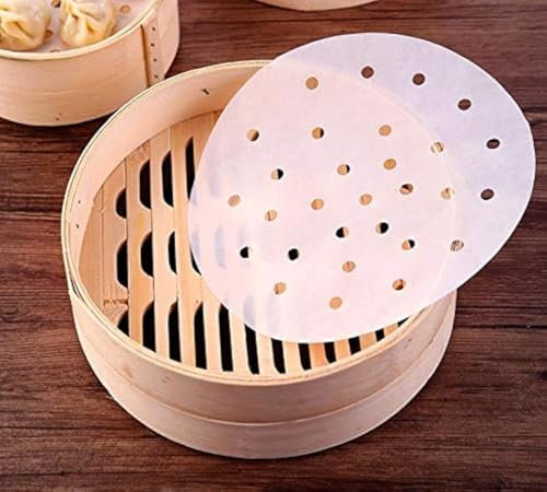 HTBMALL (10-Inch) - 100pcs Air Fryer Liners, Vancens 25cm Bamboo Steamer Liners, Premium Perforated Parchment Steaming Papers, Non-Stick Steamer Mat