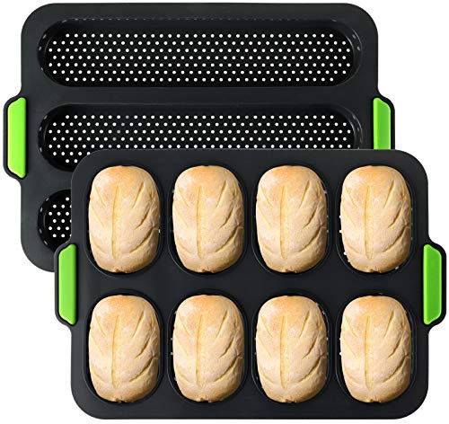 TOPZEA Set of 2 Silicone Baguette & Ham Burger Buns Pans, 8 Gutter Perforated, 3 Wave Long Loaf Mold, Nonstick Oven Baker