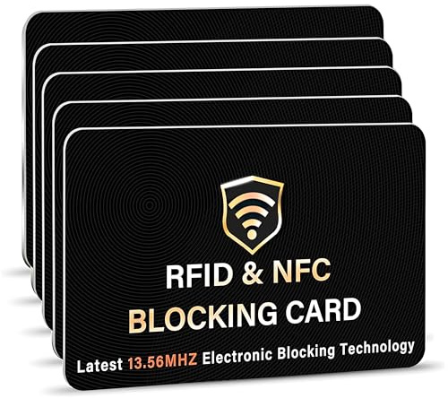 SAITECH IT Confezione da 5 carte di blocco RFID, senza contatto, NFC, carte di credito, passaporto, set per uomini e donne, design intelligente e sottile, si adatta perfettamente al portafoglio/borsa