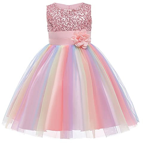 M MUNCASO Girls Princess Dress Sequin Tulle Flower Rainbow Round Collar Sleeveless Formal Dress Birthday Party Wedding Bridesmaid Girl Evening Dresses Toddler Baby Age for 3-9 Years(Pink)