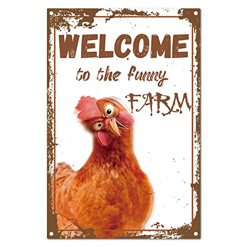 CREATCABIN Welcome to The Funny Farm Sign Chicken Metal Tin Signs Retro Vintage Poster Wall Decor Garage Farmhouse Garden Bar Club Bathroom Door Yard Decorations 8X12Inch