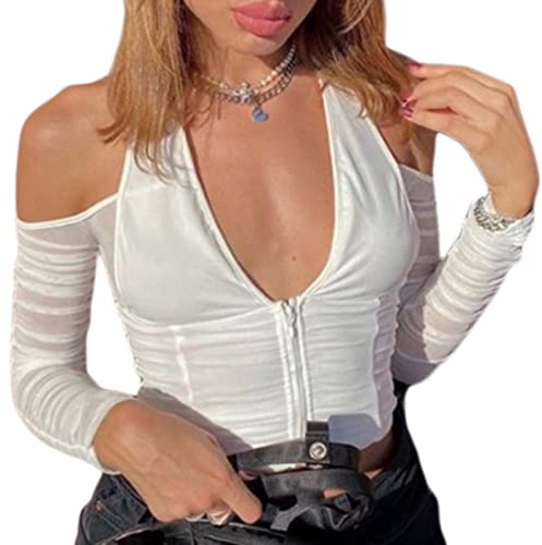 Crop Top da Donna Sexy a Spalle Scoperta con Maniche Lunga Canotta a Scollo Profondo V Tinta Unita Maglietta delle Donna Moda per Club Discoteca (Bianco, S)