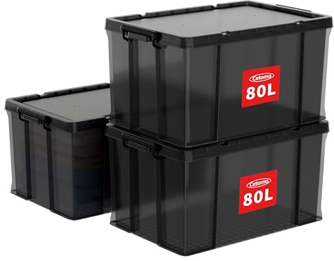 Cetomo 80L*3 Scatole di Stoccaggio, Bidone di Stoccaggio Impilabile con Coperchi, Contenitore Robusto con Angoli Rinforzati, Lati Verticali, di Plastica, Durevoli, PP, Nero Trasparenti, 80L-3 Unità