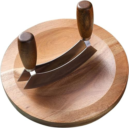 TIYOORTA Salad Chopper With Round Wood Cutting Board - Mezzaluna Knife with Protective Cover and Anti-Slip Handle Stainless Steel Chopper Vegetable Cutter Onion Chopper Mincing Knife Pizza Cutter