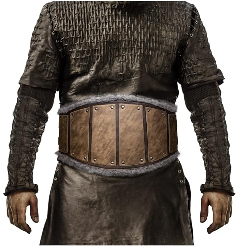 HiiFeuer Vintage Barbarian Faux Leather Waist Armor, Norse Viking Wide Belt, Retro Artificial Fur Corset Belt for LARP Costume (Brown A)