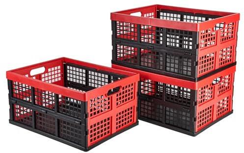 Aebeky 3-Pack Plastic Collapsible Storage Crates-30L,Foldable Plastic Crates for Storage (Black+Red)