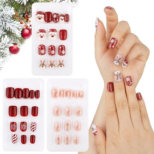 72pcs Noël Faux Ongles Court Nail Ongle Couverture Complète Sapin Fleur Rouge Flocon de Neige Renne en ABS Transfert Pochoir Décoration DIY Accessoire de Manucure pour Femme Fille Fête