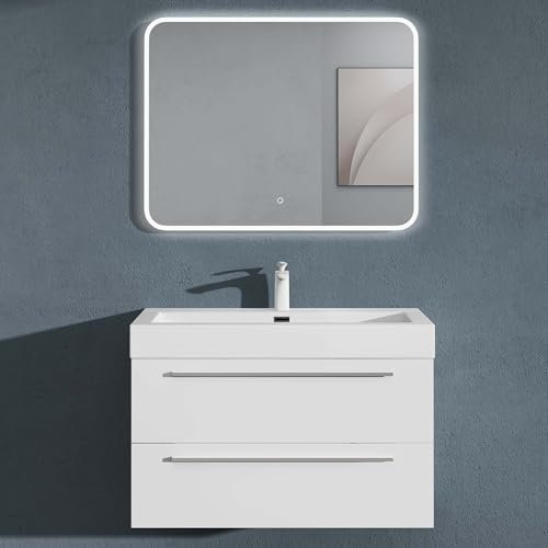 doporro Meuble de Salle de Bains Blanc Mat Ensemble de 3 Pièces Meuble Suspendu avec Lavabo 90 cm et Miroir LED Design Quadratto