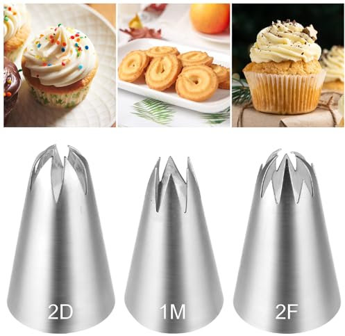 Ymapinc 3 Stück Nahtlose Spritztülle Set,3 Stile Edelstahl Spritztüllen Kuchen Spritztülle für Backen Kuchen Kuchendekorationszubehör(1M 2D 2F)