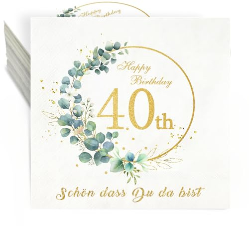 40. Geburtstag Servietten - 36 Stück 3-Lagig Happy Birthday Eukalyptus Tischdeko für Frauen Männer - Schön Dass Du Da Bist - 33x33cm Papierservietten