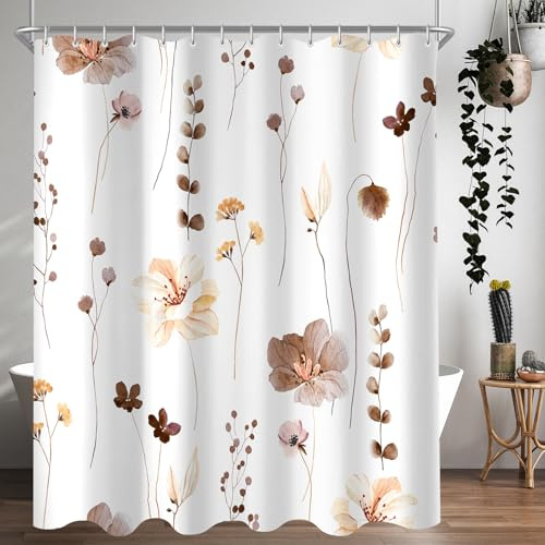 Lerores Duschvorhang 240x200 cm Braun Blume,Beschwerter Saum Antischimmel,Wasserabweisend, Waschbar Polyester Badevorhänge mit 16 Ösen und Duschvorhangringe für Badezimmer,Badewanne