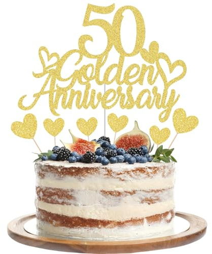 Gidobo 50th Golden Anniversary Cake Toppers, Glittery Cake Decorations with Love Heart Pick for 50th Wedding Anniversary Party Supplies