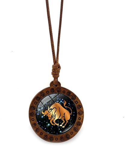Halskette Mit Sternzeichen Stier Für Damen Und Herren – Vintage-Halskette Aus Braunem Wachsseil Mit Zwölf Sternbildern, Pulloverkette Mit Holzanhänger Mit Edelsteinen Für Wassermann Und Zwillin