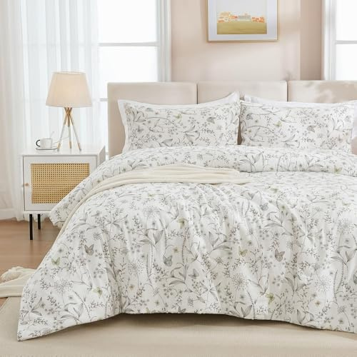 Nayoroom Bettwäsche 135x200 Baumwolle Grau Weiß Schmetterling Blumen Aesthetic Bettwäsche Set 2 Teilig Vintage Blümchen Pflanzenmuster Mädchen Bettbezug mit Reißverschluss und Kissenbezug 80x80 cm