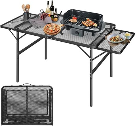 FIVMEN Campingtisch Klappbar Klapptisch Höhenverstellbar Gartentisch Balkontisch Camping Tisch mit Verlängern Metallgitterplatte Grilltisch Partytisch Faltbar Wetterfest, 90x60 cm