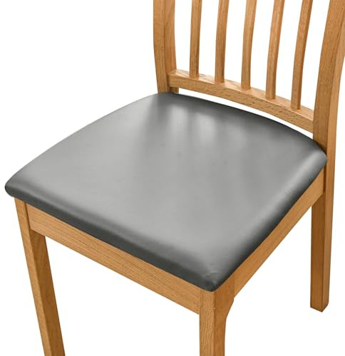 Kozuoan Dining Chair Covers, PU Waterproof Removable Dining Chair Covers, Polyurethane Leather Covers for Dining Room Chairs with Fixed Fasteners, Stretchable Elastic Covers (4, Grey)