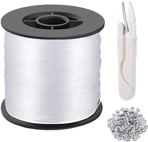 Strong Clear Invisible Hanging Wire, 0.8 Mm Clear Nylon Thread, Strong Clear Nylon Fish Wire with 120 Aluminum Crimping Sleeves & Scissors, Clear String Hanging Kit for Hanging Decorations(200M)