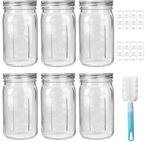CulnCraz 1000 ml Glass Mason Jars, 6 Pack 32 oz Wide Mouth Glass Canning Jars with Silver Aluminum Lids and Bands, Airtight Jars for Food Storage, Canning, Fermenting, Pickling, Decor