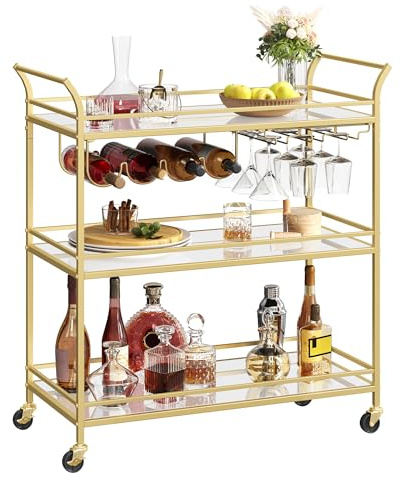 VASAGLE Bar Cart Gold, Large Home Bar Serving Cart with 3-Tier Mirrored Shelf, Wine Holders, Glass Holders, Kitchen, 15 x 33.9 x 35.4 Inches, Gold ULRC083A02