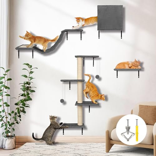 Myiosus Katzenklettergerüst Set, 4 in 1 Stabile Katzen Wandregale Möbel Set, Einschließlich Katzenregale und Sitzstangen für Wand, Katzen Kratzbäume/Haus/Brücke/Treppen/Katzenbaum für Innen, Grau