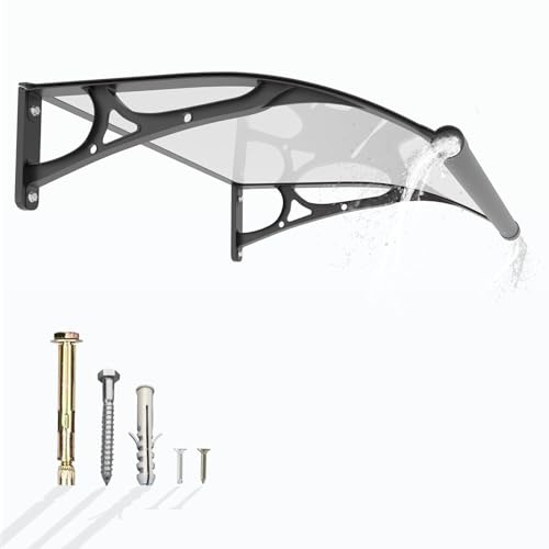 Auvent de Porte Extérieur avec Système de Drainage – 100 x 100 cm Marquise Abri de Pluie en Polycarbonate Anti-UV, Support Aluminium, Protection Contre Neige, Vent et Soleil