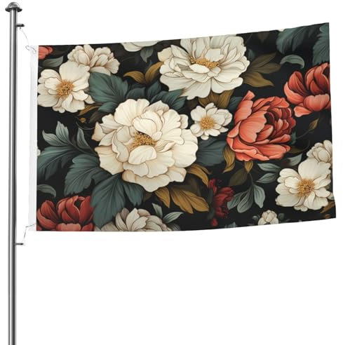 Weiße und rote Blumen, 1,5 x 2,4 m, doppelseitige Flagge, strapazierfähig, für den Außenbereich und den Garten, dekoratives Banner