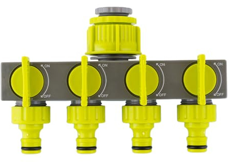 RoseFlower Leak-Proof Sturdy Garden Hose Splitter 4 Way, Outdoor Tap Connector, 3/4 and 1/2 Tap Distributor for Outside Tap Fitting and Garden Hoses, Individual On-Off Valve Water Tap Splitter