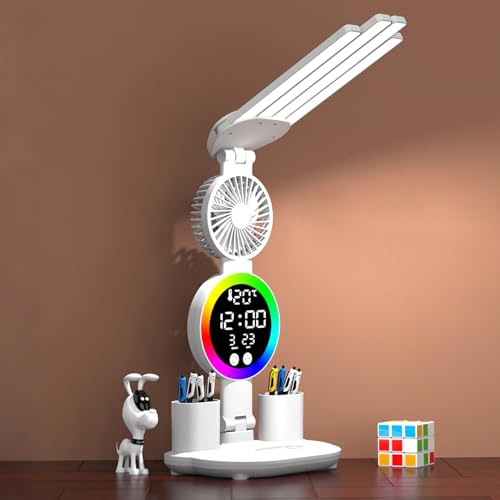 ZONJIE LED Desk Lamp - USB Rechargeable Desk Lamp Office with 3 Colour Mode | Dimmable Eye-Caring Study Reading Light Touch Desk Lighting with Fan Function, Calendar Temperature Display