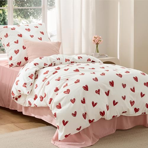 BEDSURE Bettwäsche 135x200 2teilig Mikrofaser - Herzen, 1x80x80 Kissen | Bettwäsche-Sets Weiß Clean Girl Bettbezug, Oeko-TEX Bedding mit Reißverschluss, Extra Weich & Atmungsaktiv