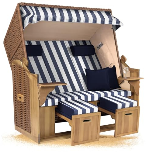 Strandkorb Hanse Ostsee XXL 2,5 Sitzer Volllieger Natur Beige 150cm breit, ideal für Garten, Terrasse und Balkon (Blau Weiß Blockstreifen, Montiert)