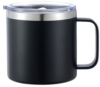 Taza de café de 14 onzas con asa, vaso de acero inoxidable aislado al vacío, taza de cerveza térmica de viaje con tapa a prueba de fugas (negro)