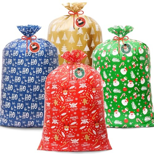 AhfuLife Extra Groß Weihnachten Geschenkbeutel mit Kordelzug, 8 Stück 125 x 92cm Weihnachtsgeschenkbeutel mit Geschenkanhänger Weihnachten für Schnell Weihnachtsgeschenke Verpacken, Weihnachtsbaumdeko
